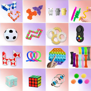 Conținutul pachetului de jucării fidget – pop it, spinner, squishy, puzzle șarpe și cub logic