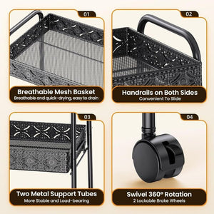 PKBD 3 Szintes Fém Gurulós Tároló - Zárható, Kerekes Szekrény Fekete Színben - BShopy