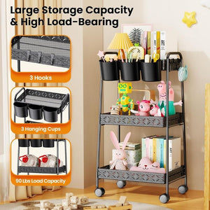 PKBD 3 Szintes Fém Gurulós Tároló - Zárható, Kerekes Szekrény Fekete Színben - BShopy