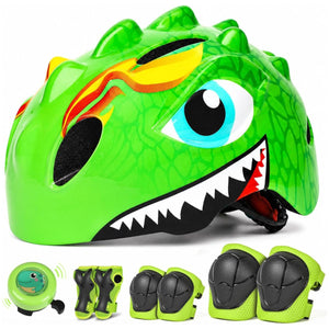 Set cască verde cu dinozaur pentru copii, echipament de protecție și sonerie