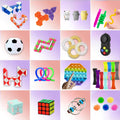 Conținutul pachetului de jucării fidget – pop it, spinner, squishy, puzzle șarpe și cub logic