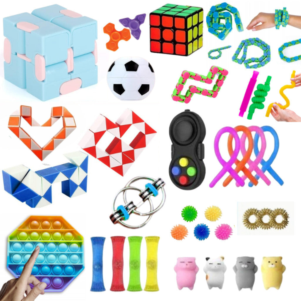 Jucăriile din pachetul surpriză fidget – pop it, cub infinit, lanț flippy, tuburi cu bilă