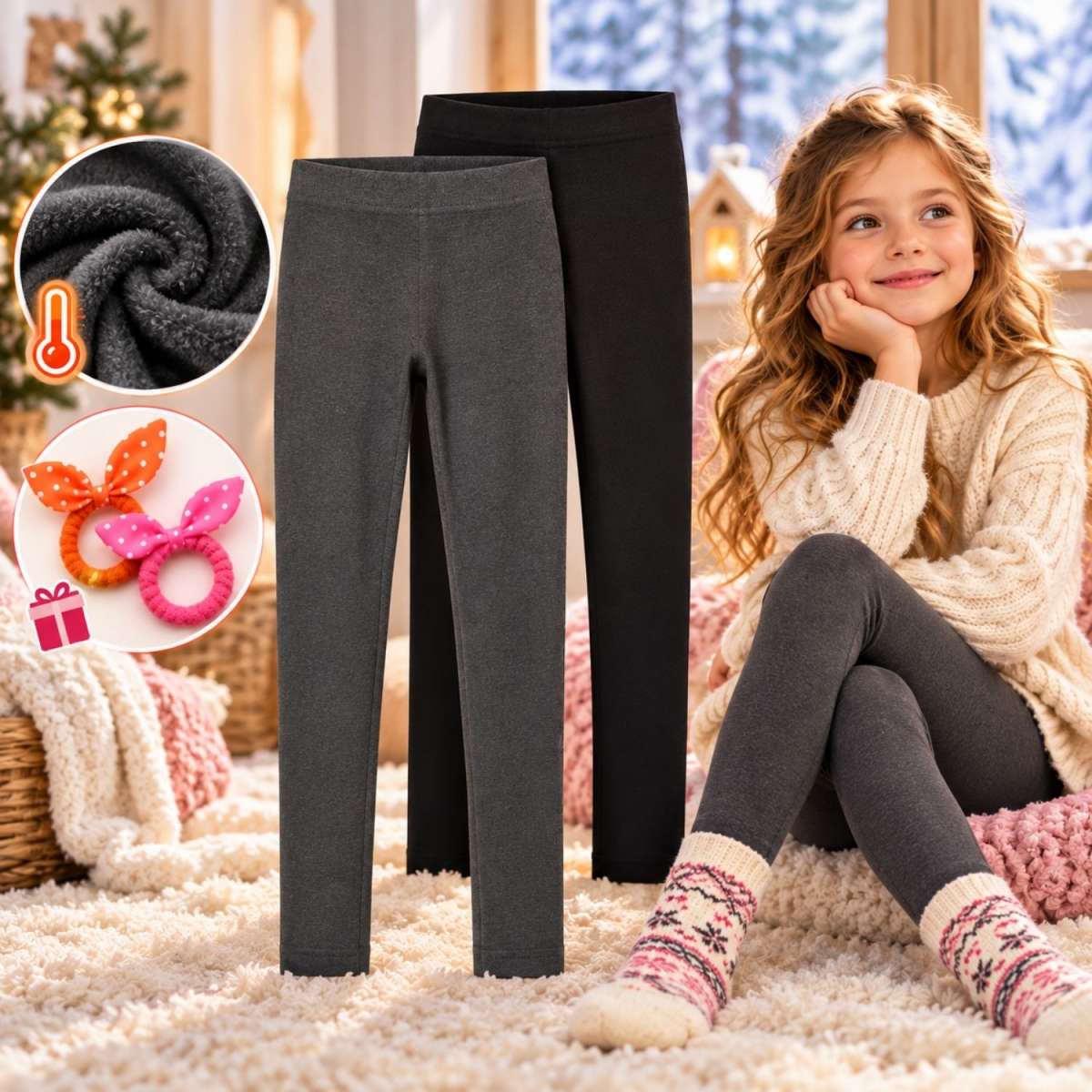 Set de pantaloni termo pentru copii 2 buc – colanți călduroși de iarnă în negru și gri, cadou elastic de păr (150)