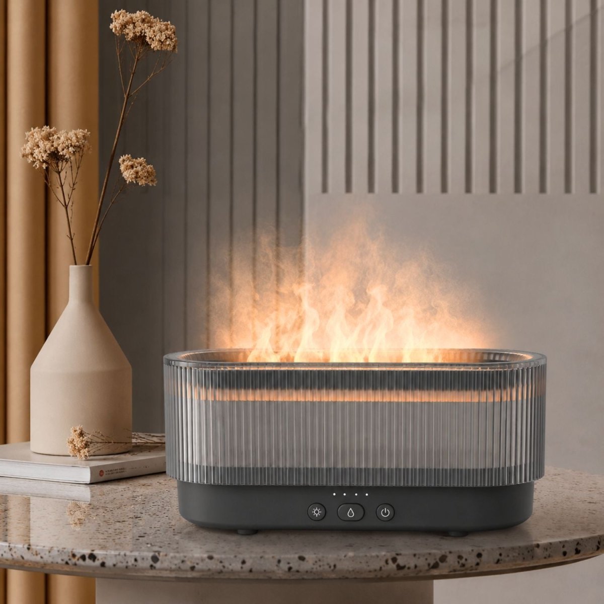 3D Lánghatású Aromaterápiás Diffúzor és Ultrahangos Párásító – LED Hangulatfénnyel, USB - C Tápkábellel, 300 ml - BShopy