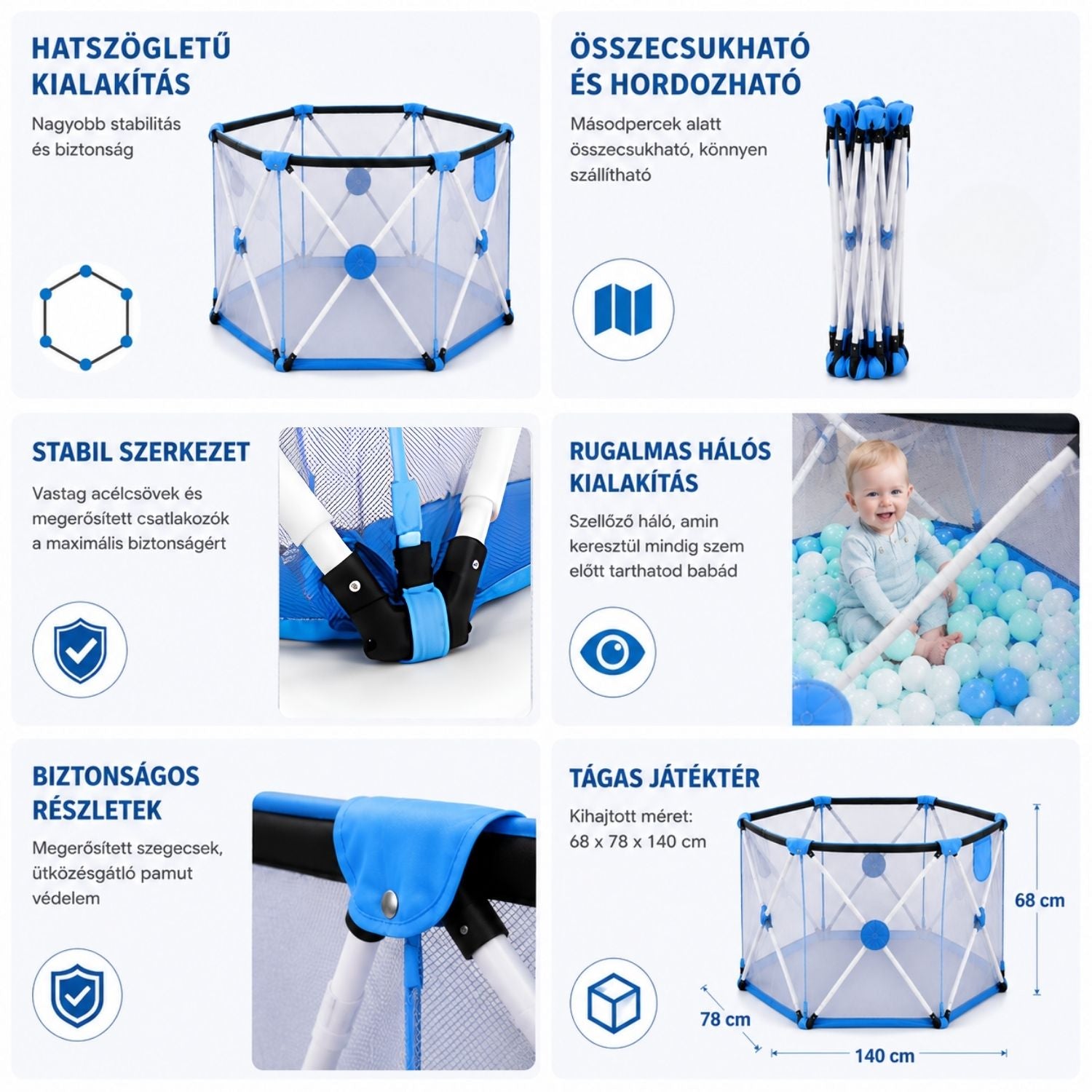 Forroby Cadru de joacă hexagonal albastru pentru copii - 68 x 78 x 140 cm, pentru joacă sigură