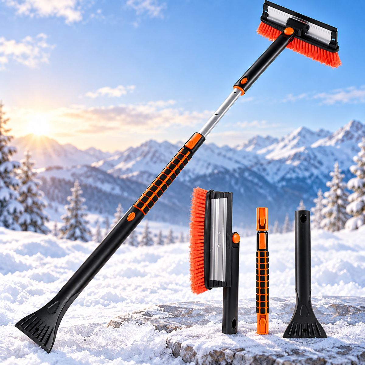 Perie de zăpadă cu racletă, telescopică, set 3 în 1 într-un peisaj înzăpezit - BShopy