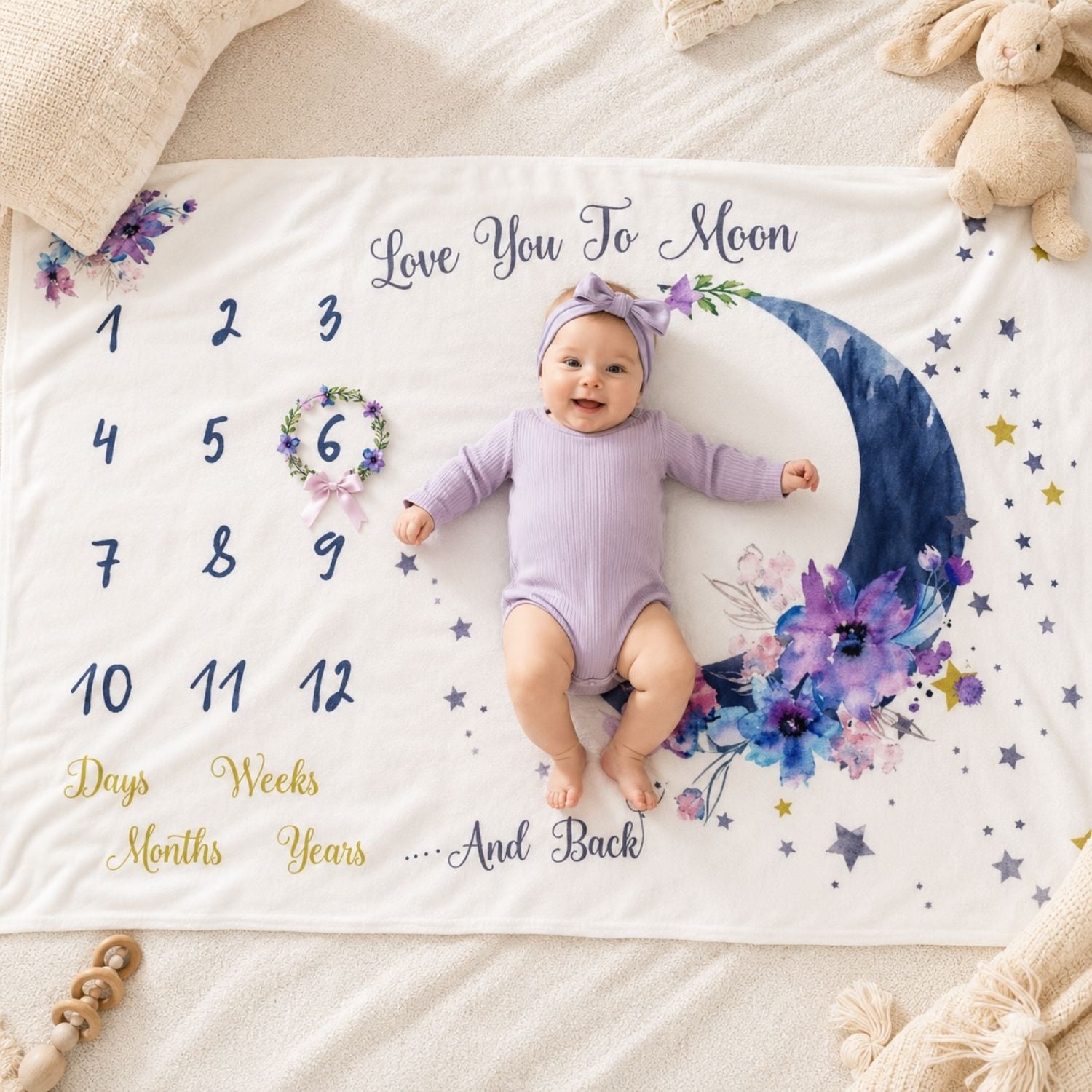Ever Fairy Păturică milestone pentru bebeluși - polar, 150×100 cm, cu model lună mov