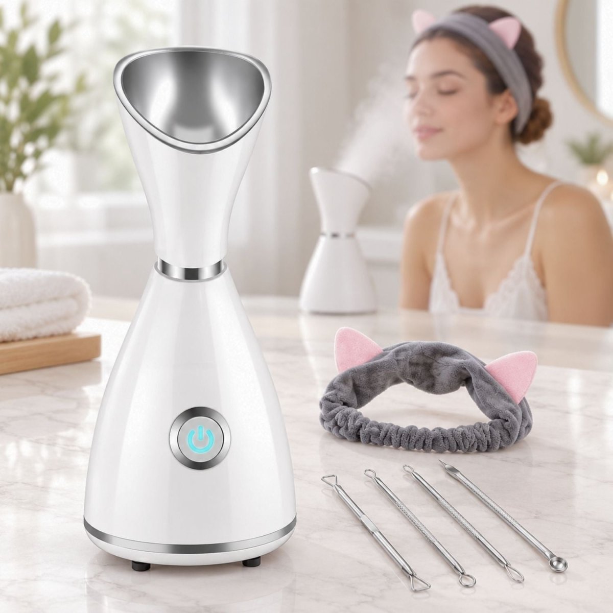 Vaporizator facial cu abur cald nano Diozo 300W – curățare profundă și hidratare a tenului, alb - BShopy