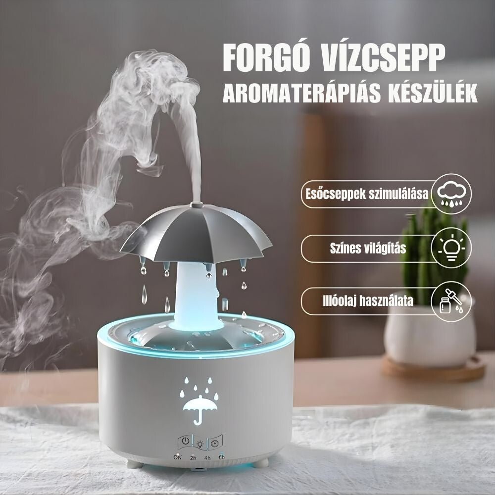 Forgó Esernyő Aromadiffúzor Esőcsepp Hatással – 7 Színű LED Hangulatvilágítással, Időzítővel és Automatikus Kikapcsolással - BShopy