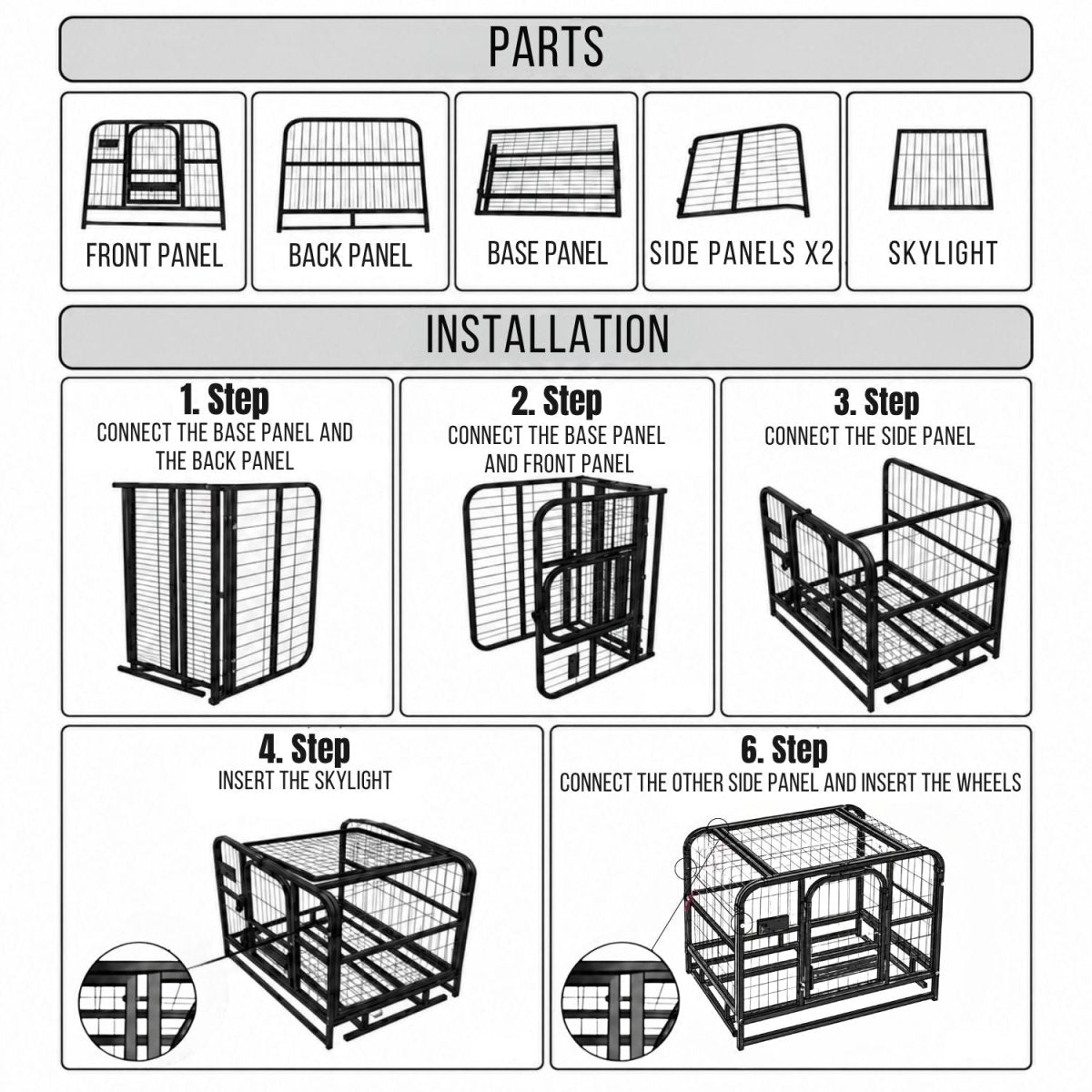 Cușcă metalică pentru câini pe roți, rezistentă la mușcături, cu tavă detașabilă-BShopy