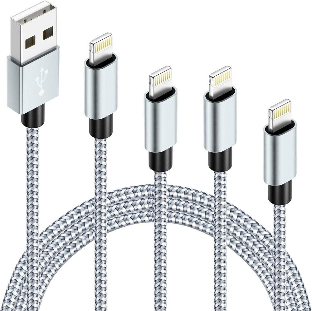iPhone Töltőkábel 4 db - 1 m, Fonott Nylon, Fehér - Szürke, Lightning Kábel Szett - BShopy