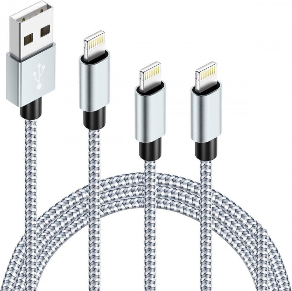 iPhone Töltő Fonott Nylon 3db: 1m+2m/2db (Fehér - Szürke) - BShopy