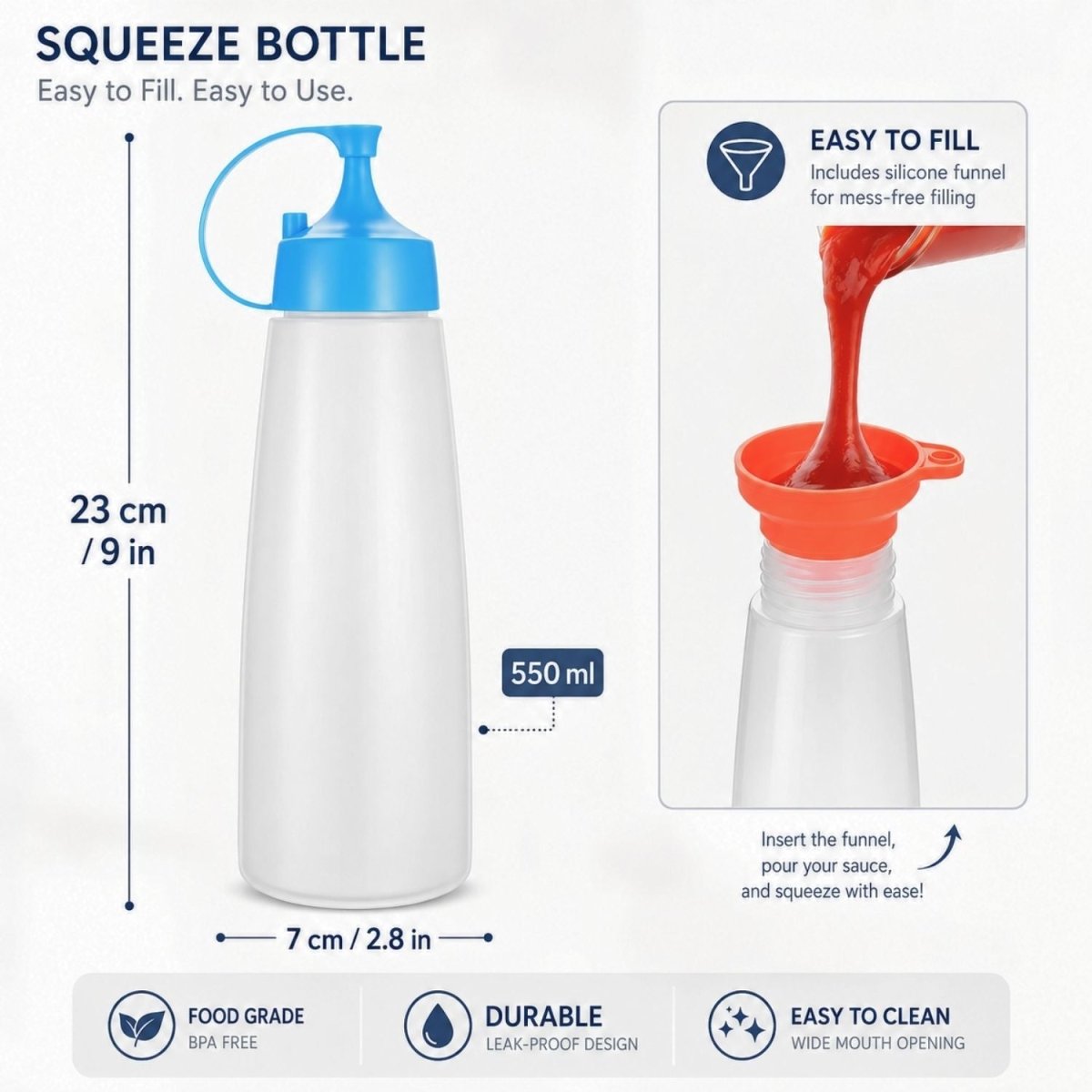 LikeSun 3 Darabos Műanyag Szószos Üveg Szett – 550 ml Adagolóflakon Öntetekhez és Szószokhoz-BShopy