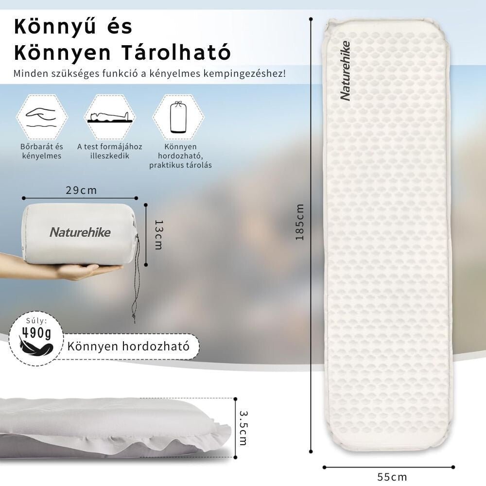 Naturehike Könnyen Felfújható Kempingmatrac – 3,5 cm Vastag, Ultrakönnyű (490 g), Téglalap Forma, Világosszürke - BShopy