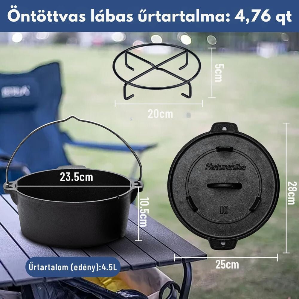 Naturehike Öntöttvas Bogrács Szett – 4,5 L Kemping Főzőedény, Előkezelt, Kétfunkciós Fedővel, Tárolótáskával - BShopy