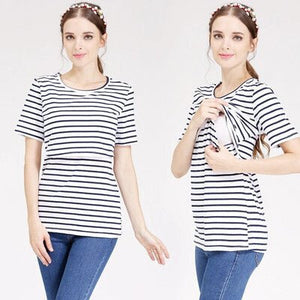 Női Kismama Szoptatós Póló, Rövid Ujjú Felső (Fekete - Fehér Csíkos) S - BShopy