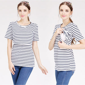 Női Kismama Szoptatós Póló, Rövid Ujjú Felső (Fekete - Fehér Csíkos) S - BShopy