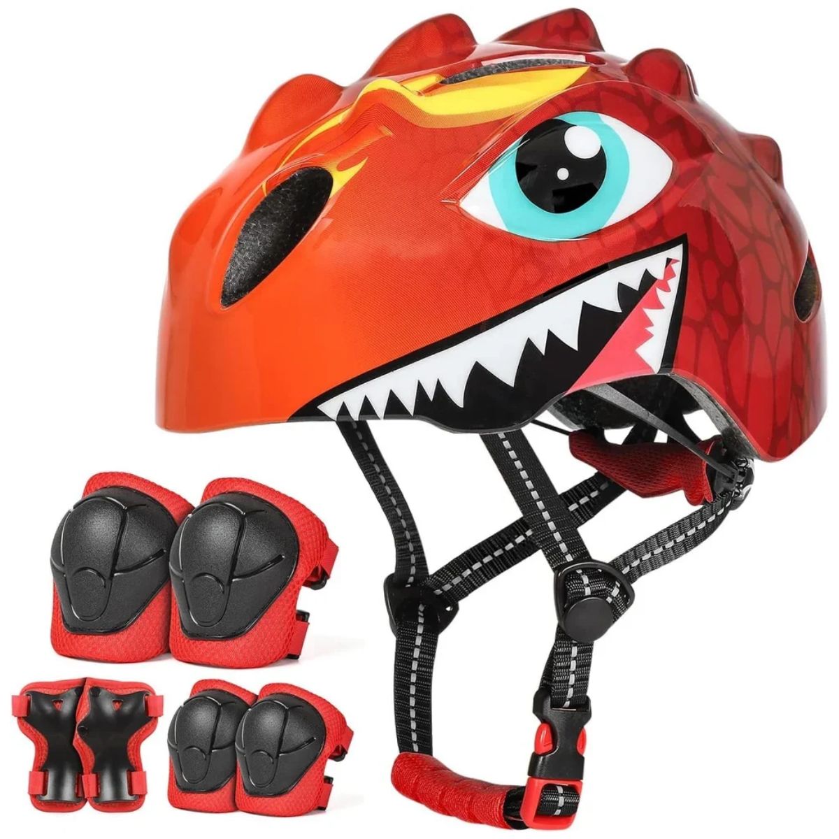 Set cască roșie cu dinozaur pentru copii și echipament de protecție
