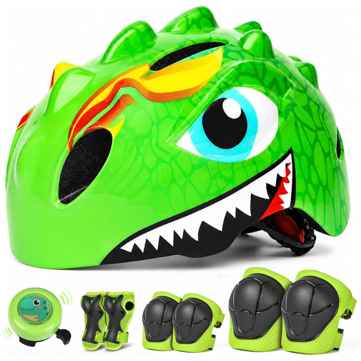 Set cască verde cu dinozaur pentru copii, echipament de protecție și sonerie