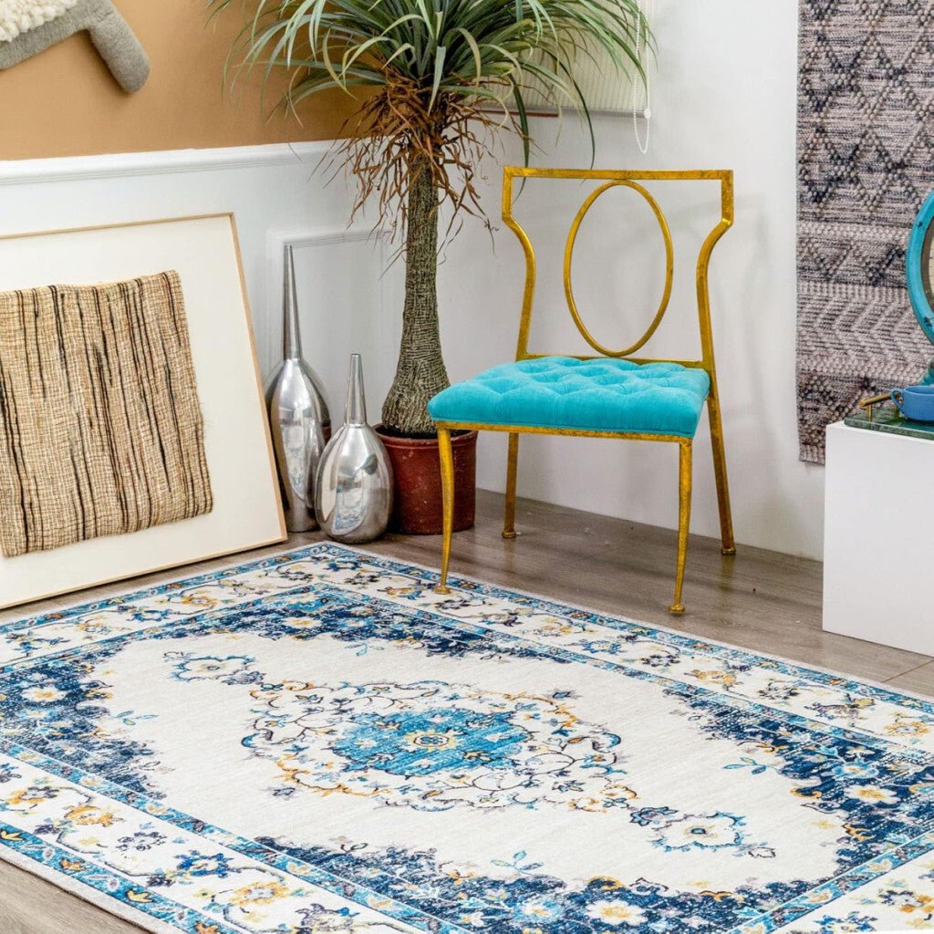 Taleta Durham Kék - Fehér Virágos Beltéri Szőnyeg 120x170cm - BShopy