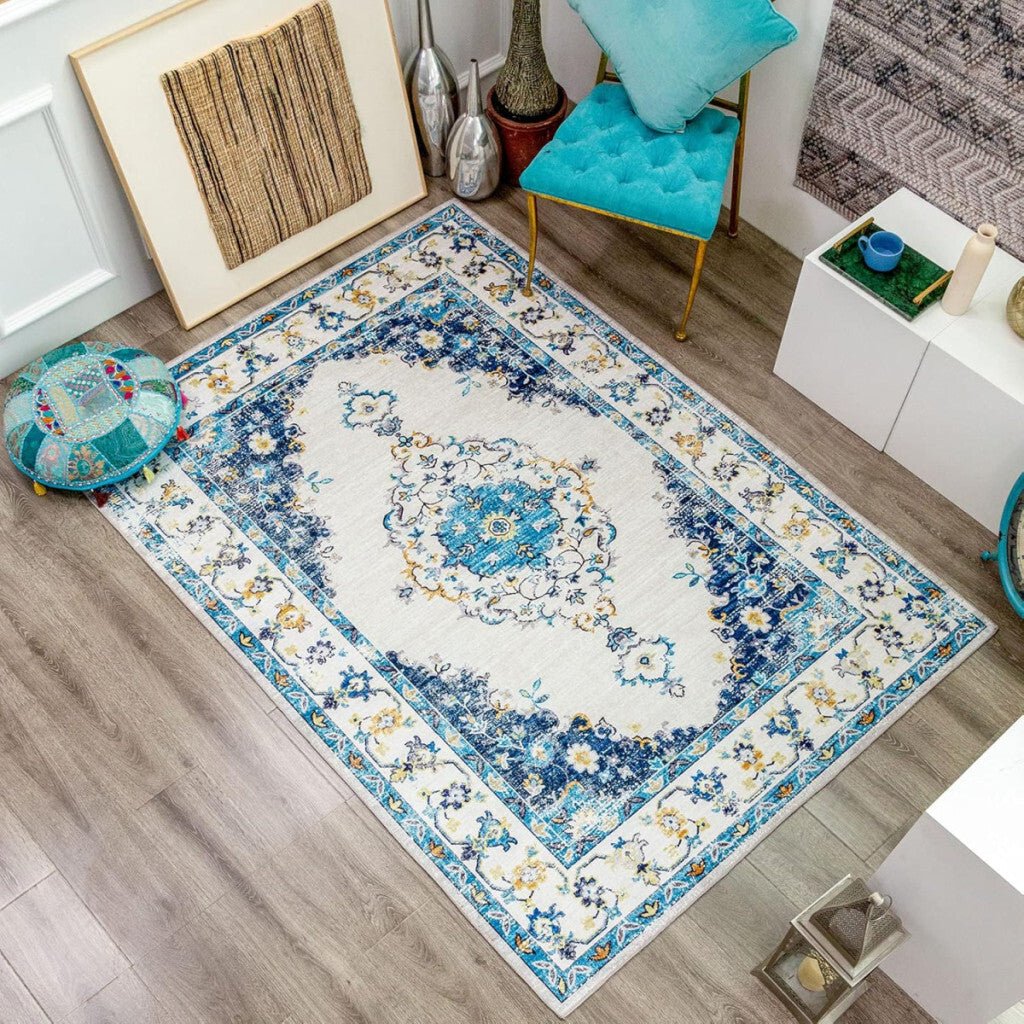 Taleta Durham Kék - Fehér Virágos Beltéri Szőnyeg 120x170cm - BShopy