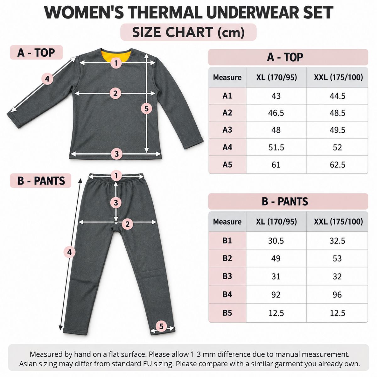 Tabel de mărimi set lenjerie termică damă – XL (170/95) și XXL (175/100)