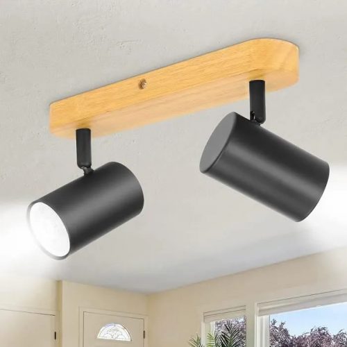 Lampă de tavan LED rotativă Kambo cu 2 arzătoare (negru și lemn)
