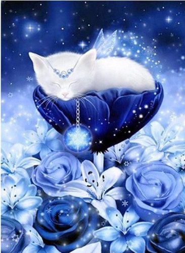 Noapte de pictură cu diamant cu model floral și pisică 35 x 25 cm