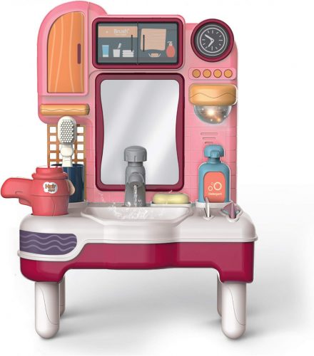 Oglindă de baie cu chiuvetă, robinet, accesorii Pipere, iluminare și redare sunet (roz)
