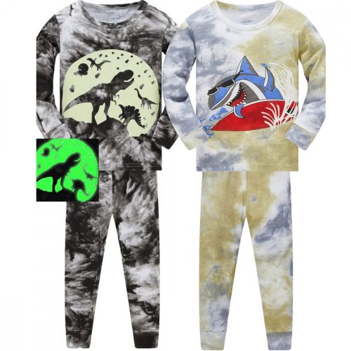 Set de pijamale din bumbac cu mâneci lungi pentru băieți LOLPIP pentru copii de 12 ani 2 buc (rechin și dinozaur)