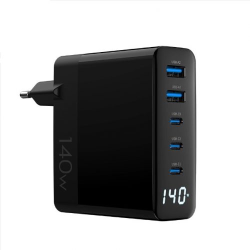 Adaptor de încărcare rapidă GaN portabil pentru desktop cu 3 porturi USB-C și 2 porturi USB-A 140W